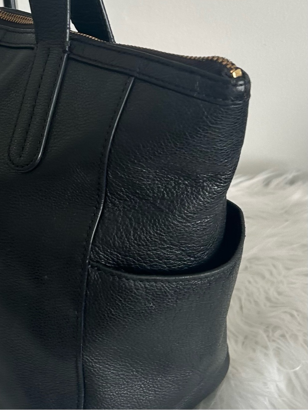 Fossil Black Leather Large Zip Top Tote Laptop Shoulder Bag Work bag - Picture 9 of 14